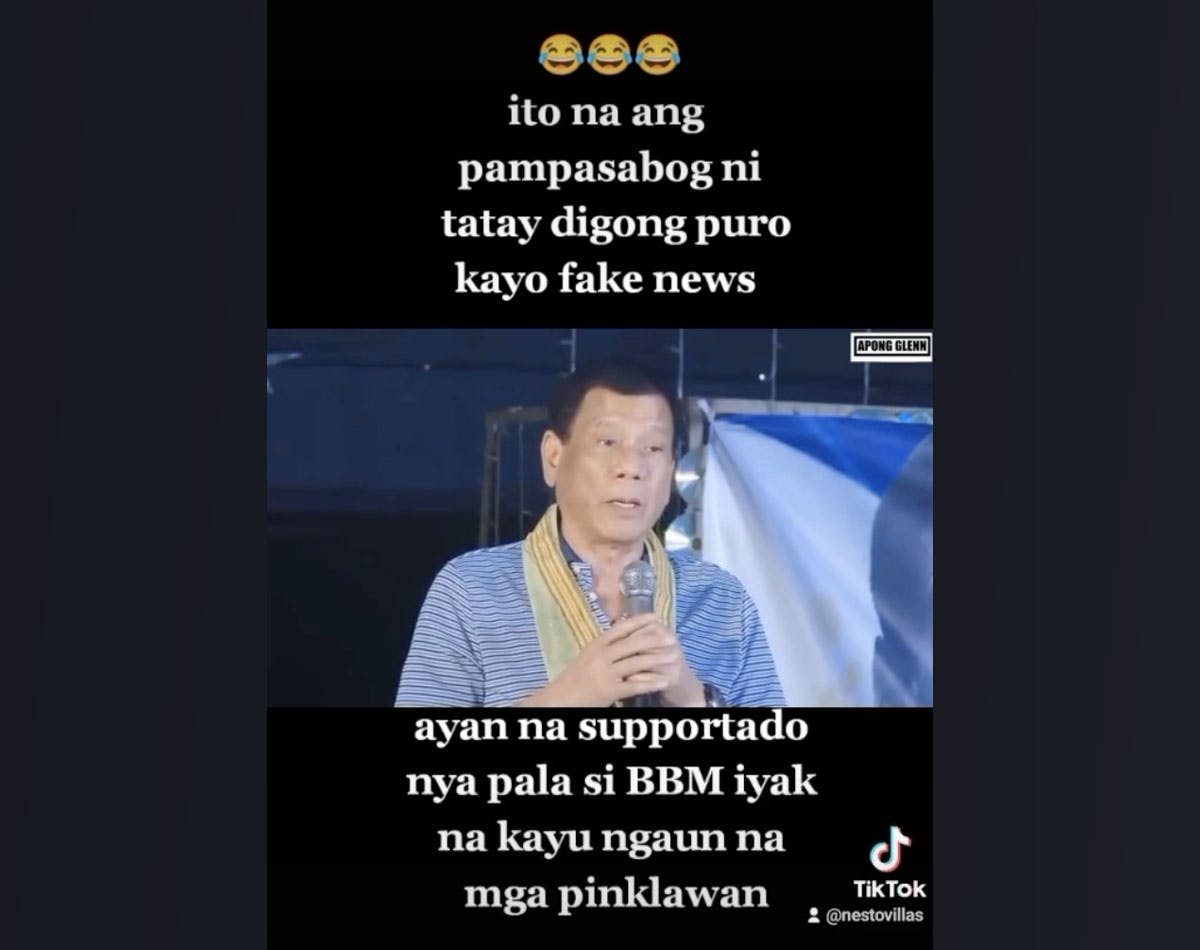 FACT CHECK: TikTok Video Showing Duterte Endorsing Marcos As Preferred Successor Is False, Misleading
