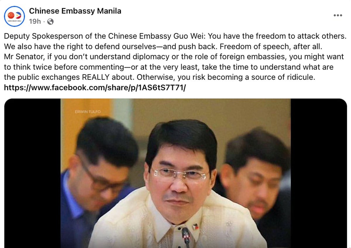 15 Senators Unite, Condemn Chinese Embassy’s Remarks Against Philippine Officials