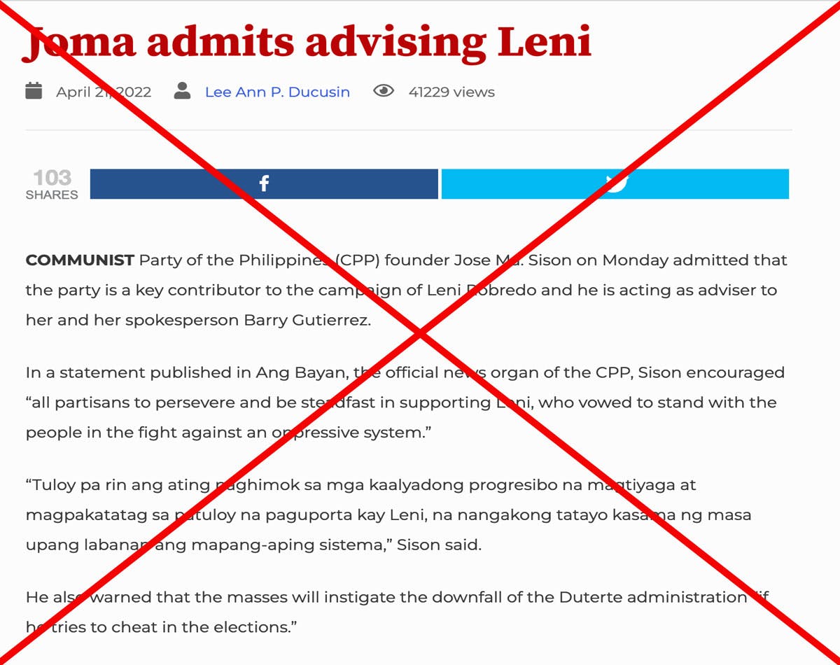 FACT CHECK: News Article Claiming CPP Founder Sison Serves As Robredo’s Campaign Adviser Is False