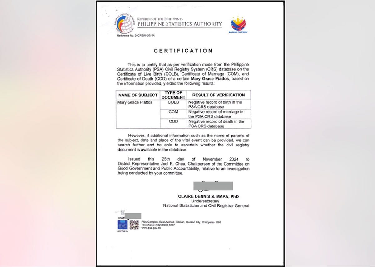 No PSA Record Of ‘Mary Grace Piattos’