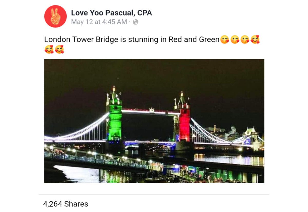 FACT CHECK: UK’s Tower Bridge, Other Famous Landmarks Lighting Up Red, Green for Marcos-Duterte Win is False